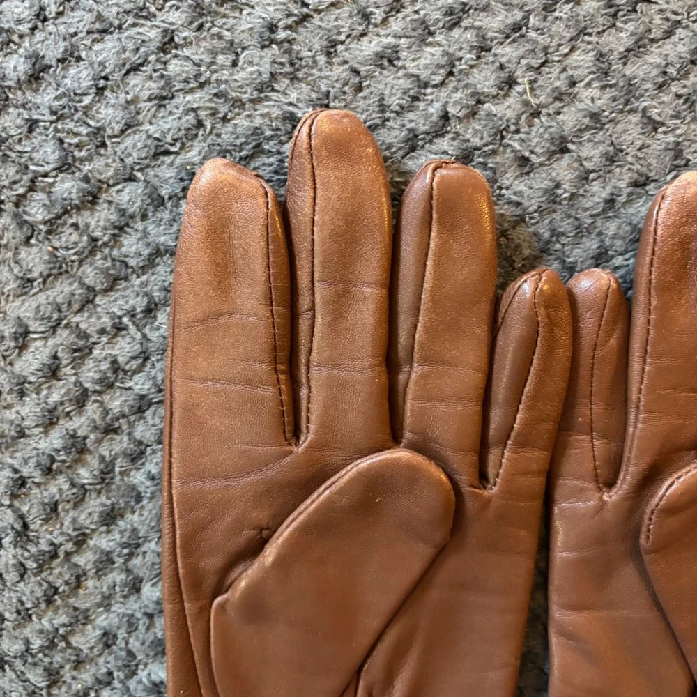 Lauren Ralph Lauren Womens Brown Leather Whipstitch Gloves RL Logo Cognac